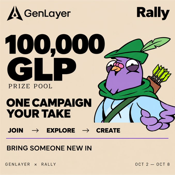 A promotional graphic for GenLayer x Rally with text '100,000 GLP PRIZE POOL', 'ONE CAMPAIGN YOUR TAKE', 'JOIN → EXPLORE → CREATE', 'BRING SOMEONE NEW IN', and 'OCT 2 — OCT 8', featuring a cartoon purple bird character dressed as a robin hood archer.