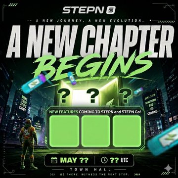 The image features an advertisement for a new video game called "A New Chapter Begins" by StepN 3. The poster displays three green boxes with questions, one of which reads "What are you waiting for?". The background shows a city skyline at night, suggesting that the game is set in a futuristic urban environment. The text on the poster indicates that the game will be available to play from May through July and that it has already been released in multiple cities worldwide.