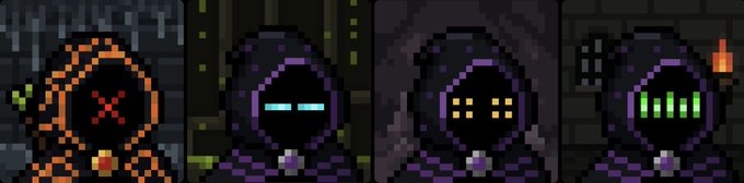 A pixel art sprite sheet showing four hooded character variations with different colored face markings — red X, cyan dashes, yellow dots, and green vertical bars — set against a dark dungeon background.