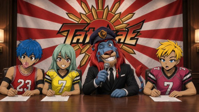 Anime-style characters and a lion mascot in a suit sitting at a press conference table with microphones, in front of a 'TRIFEC' logo with a rising sun background.