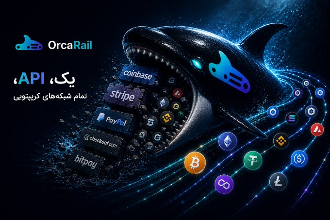 A promotional graphic for OrcaRail features an orca with payment logos (coinbase, stripe, PayPal, checkout.com, bitpay) and cryptocurrency symbols, with Persian text "یک API، تمام شبکه‌های کریپتویی".
