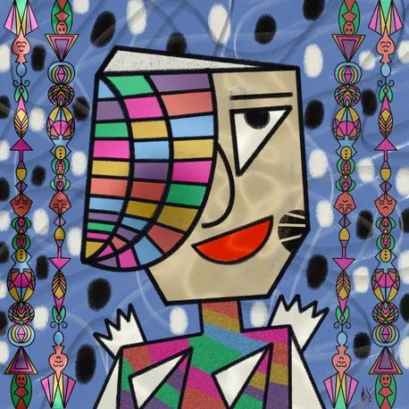A colorful cubist-style digital portrait of a stylized figure with a multicolored checkered headpiece, red lips, and decorative geometric border patterns on a polka-dot background.