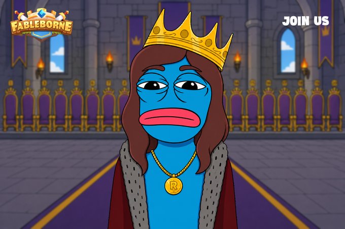 A blue-skinned cartoon character wearing a gold crown and an "R" medallion stands in a throne room, with the "Fableborne" logo and "JOIN US" text overlaid, promoting a sponsored guild recruitment with 19 available spots.