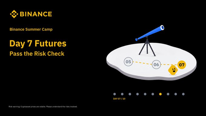 The image is a Binance Summer Camp promotional graphic for Day 7 Futures titled "Pass the Risk Check," featuring an illustration of a telescope on a platform with numbered milestones (05, 06, 07) and a progress indicator showing "Day 07/10," tying into the post's message about mastering leverage and risk management in crypto futures trading.