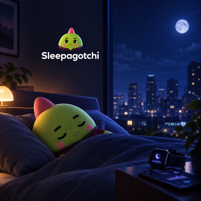 A green cartoon character called 'Sleepagotchi' sleeping peacefully in a bed at night, with a logo and a city skyline with the moon visible through the window.