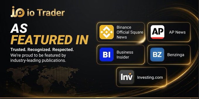 The image shows an advertisement forIO Trader Futures, which has been featured in various media outlets such as AP News, Business Insider, and Investing.com. The banner displays logos of different companies, including Bitcoin, Binance Official Square News, Ap News, Business Insider, Benzinga, and a news website that focuses on business and finance. It also mentions that the platform has been featured in articles written by industry experts.