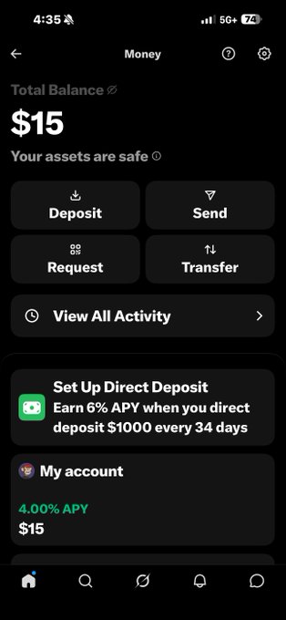 A screenshot of a Money (XMoney) app showing a Total Balance of $15, with options for Deposit, Send, Request, and Transfer, plus a "My account" displaying 4.00% APY—matching the post's claim of receiving $15 from the platform.