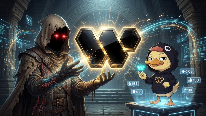 A digital illustration features a hooded figure with glowing red eyes and a cartoon duck in a hoodie, both interacting with floating cryptocurrency symbols and social media engagement icons.