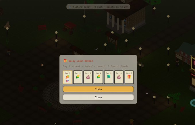 The screen of a video game that displays the game's progress, including a login screen that requires users to enter their username and password. The title says "Harvey" and mentions there are seven days remaining for the player to play and win points. The image also contains text about a free bonus level coming up soon, giving the impression of an upcoming challenge or achievement in the game's storyline.