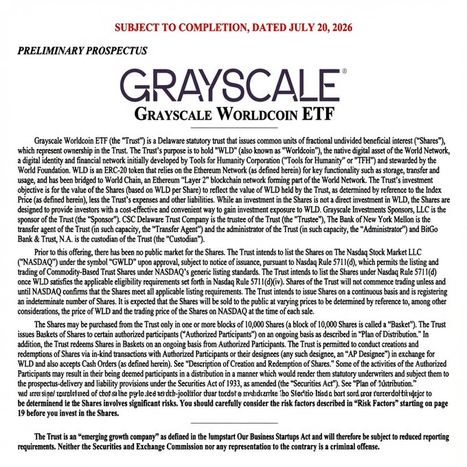 **Caption:** Preliminary prospectus for the Grayscale Worldcoin ETF (GWLD), dated July 20, 2026, outlining a Delaware trust designed to track the value of WLD (Worldcoin) and list shares on NASDAQ.

**Relation to post:** The image is the official SEC filing referenced in the post—specifically the preliminary prospectus for Grayscale's proposed Worldcoin ETF (ticker: GWLD), confirming the fund's intent to list on NASDAQ and track the value of the WLD token, aligning with The Block's reporting on Grayscale's first-of-its-kind U.S. Worldcoin ETF registration.