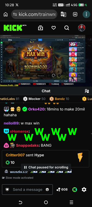 A Kick.com live stream chat shows a "MAX WIN 9,009,250.00" notification in Waylander's Forge, with users like Orko420 celebrating "18mins to make 20mill hahaha," corroborating the post about trainwreckstv hitting a max win on Valkyrie Studios' game.