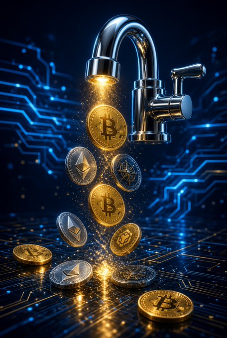 A digital illustration of a chrome faucet dispensing glowing cryptocurrency coins, including Bitcoin and Ethereum, against a dark blue circuit board background.