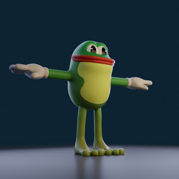 A 3D rendering of a cartoonish green frog-like character with a red mouth, standing with its arms outstretched against a dark background.