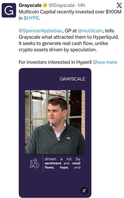 A screenshot of an X (Twitter) post from Grayscale (@Grayscale) stating 'Multicoin Capital recently invested over $100M in $HYPE,' featuring an embedded video interview with a man in a green pullover.