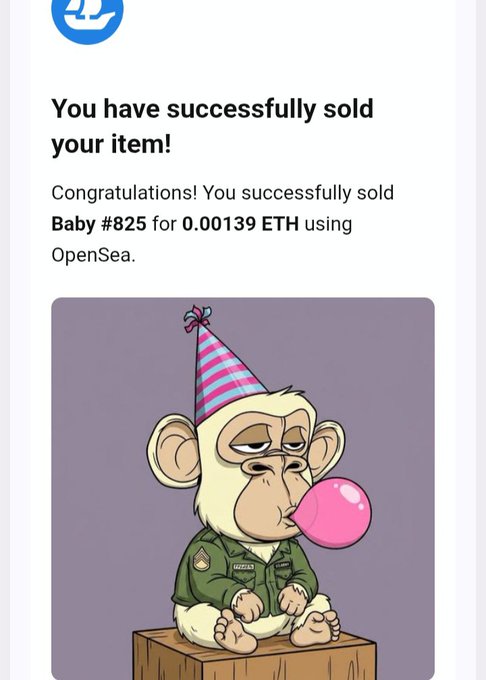 An OpenSea transaction confirmation showing 'You have successfully sold Baby #825 for 0.00139 ETH' above an illustration of a bored-looking monkey in military attire blowing a pink bubble.