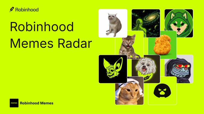 A bright green promotional graphic for "Robinhood Memes Radar" featuring a collage of cat images, meme characters (including a hooded ninja cat, a green alien cat, and various meme faces), and a chicken nugget, all referencing the meme tickers listed in the post such as $CASHCAT, $WOOF, $TYGR, $HOODRAT, $CRUDECAT, and others.