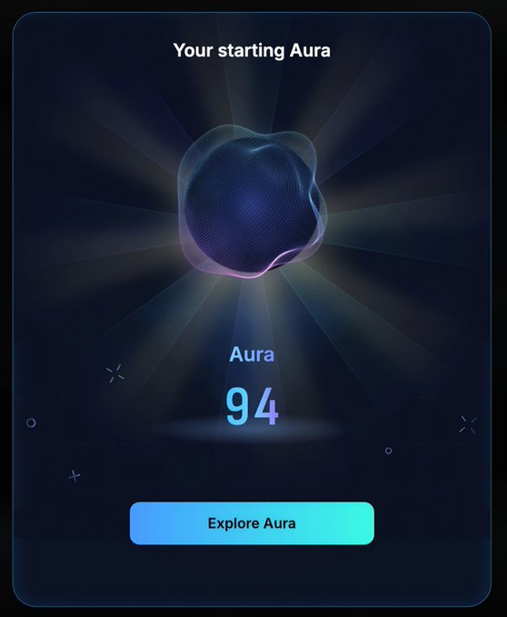 The image shows a Kaito Aura onboarding screen with a 3D spherical aura visualization and the text "Your starting Aura" displayed alongside an "Aura 94" score, corresponding to the announcement of Kaito AURA's launch where the user received a starting ranking of 94.
