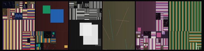 Six colorful abstract digital art panels are displayed side by side, featuring geometric patterns with stripes, squares, and lines in vibrant hues.

The image doesn't visibly depict mints or any text matching the post's mention of "Beautiful Mints for a Beautiful Cause," suggesting the post may be metaphorically referring to these artworks as sweet creations supporting a charitable effort.