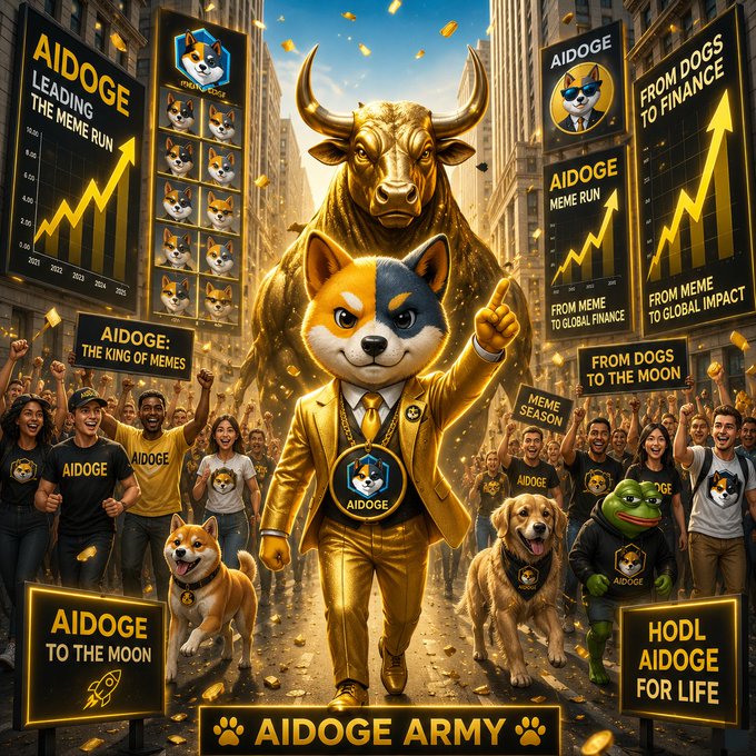 A vibrant meme-coin promotional image for 'AIDOGE' featuring a Shiba Inu character in a gold suit in front of a bull statue, with crowds holding signs reading 'AIDOGE TO THE MOON,' 'FROM DOGS TO FINANCE,' and 'AIDOGE ARMY.'