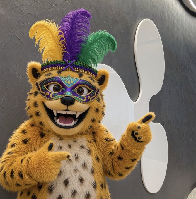 A cheerful cheetah mascot wears a purple, green, and gold feathered Mardi Gras mask while pointing toward the $XRP Ripple logo, fittingly illustrating the "All eyes on Ripple" caption.