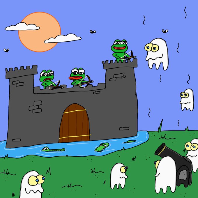 A cartoon-style drawing featuring Kermit-like frogs in a castle defending against ghosts and crocodiles in a moat, with a sun and clouds in the sky.