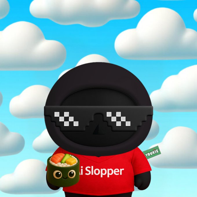 A 3D-rendered black character wearing pixelated sunglasses and a red "i Slopper" t-shirt holds a cute, smiling bowl of food against a cartoon cloud background; a green tag reads "YOUKIE".