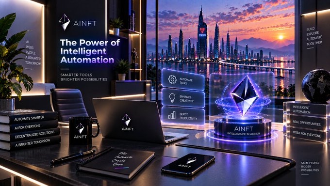 An AI-generated promotional image for 'AINFT' (Intelligence in Action) showcases 'The Power of Intelligent Automation' with text reading 'Smarter Tools, Brighter Possibilities,' featuring branded laptops, phones, and an Ethereum-style 3D logo against a futuristic cityscape.