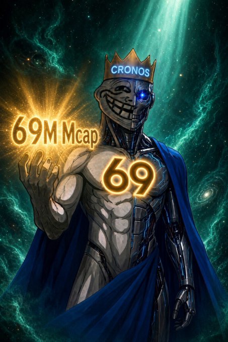 Illustrated crypto meme featuring a robotic king figure wearing a crown labeled "CRONOS" against a cosmic green background, with glowing text showing "69M Mcap" and "69".