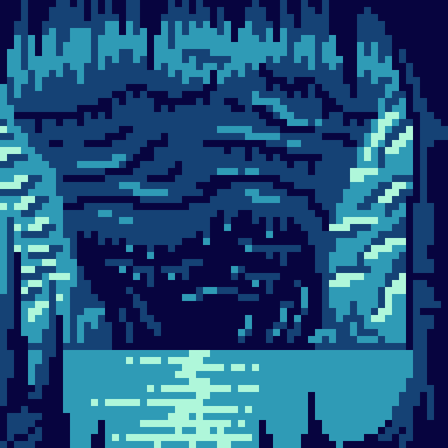 A blue-toned pixel art image depicting a stylized scene, possibly of two figures or objects in a cave or nighttime setting.