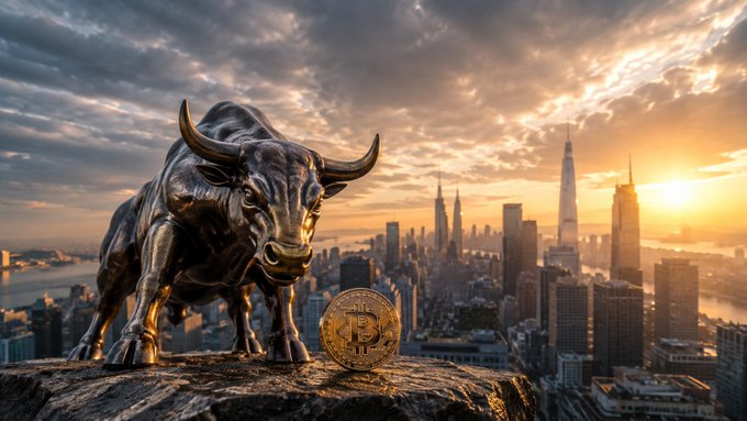 A digital artwork showing a bronze bull statue with a Bitcoin coin placed in front of it, overlooking the New York City skyline at sunset.