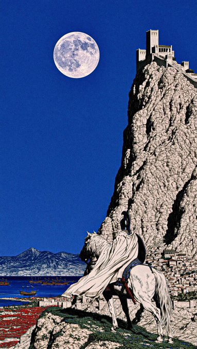 A digital illustration showing a knight on a white horse overlooking a coastal town with a large moon and a castle on a cliff in the background.