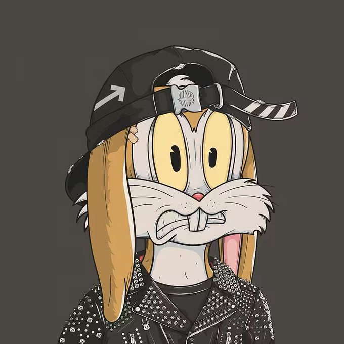 A stylized digital illustration of a cartoon rabbit character with long ears, wearing a black cap turned backwards, a studded black leather jacket, and showing its two front teeth.