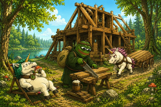 A whimsical fantasy illustration depicts a green-skinned Pepe-like frog character sawing wood at a workbench outside a half-built wooden frame house, with a unicorn lounging on a chair eating pizza and another unicorn pulling a cart of logs through a forest clearing near a lake.