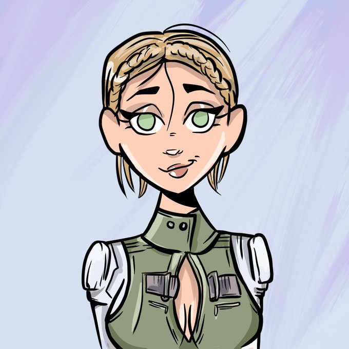 A stylized digital drawing of a blonde woman with braided hair and green eyes, wearing a green vest over a white shirt.