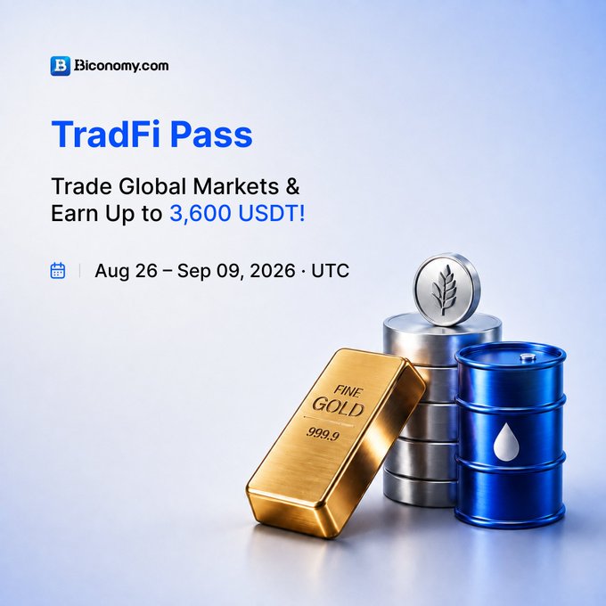 A Biconomy.com advertisement for a TradFi Pass promotion offering up to 3,600 USDT for trading global markets, running August 26 – September 9, 2026 UTC.