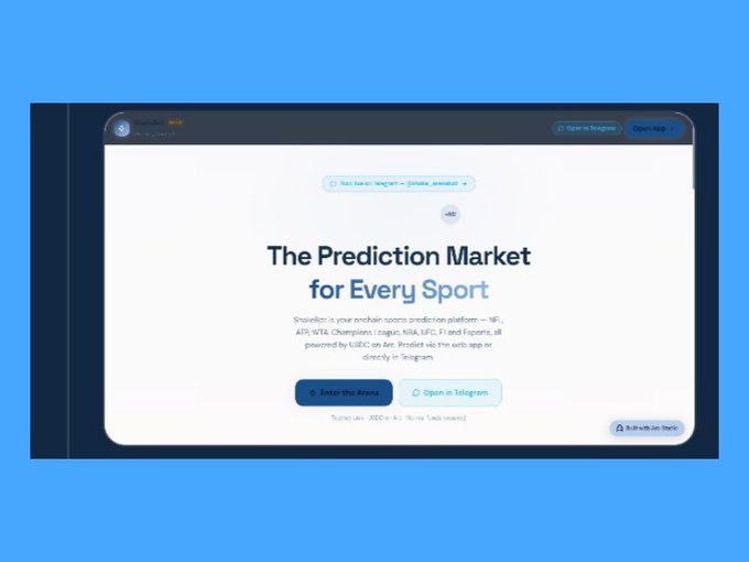 A screenshot of a website on a blue background displaying the heading 'The Prediction Market for Every Sport' with buttons to 'Enter the Arena' and 'Open in Telegram'.