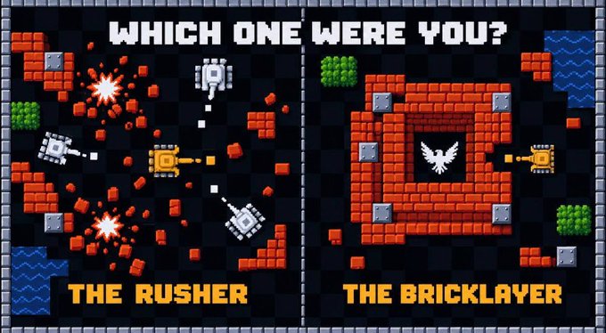 A pixel art game scene comparing two playstyles with the text "WHICH ONE WERE YOU?" at the top, showing "THE RUSHER" on the left with tanks and explosions among scattered bricks, and "THE BRICKLAYER" on the right with tanks positioned behind a defensive brick wall.