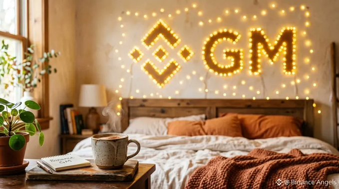A cozy bedroom scene features warm string lights forming the Binance logo and "GM" on the wall above an unmade bed, with a steaming mug and an open notebook resting on a wooden table in the foreground. The glowing "GM" greeting and Binance branding visually reinforce the cheerful "good morning" message tied to the crypto community's morning ritual.