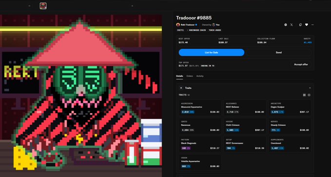 A pixel art character wearing a red conical hat and traditional outfit with a 'REKT' sign is displayed next to a blockchain token page showing 'Tradeoor' #9885 with a best offer of $171.40.
