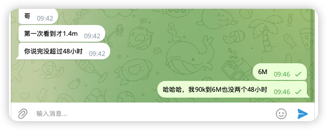 A Telegram chat conversation in Chinese discussing someone seeing 1.4m for the first time and going from 90k to 6m within 48 hours.