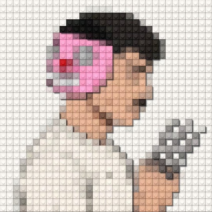 A pixel art (LEGO-style) portrait of a pink panther character, fitting the giveaway post by @themeowbrix where 5 guaranteed and 7 first-come-first-served winners will receive NFT drops in 3 hours.