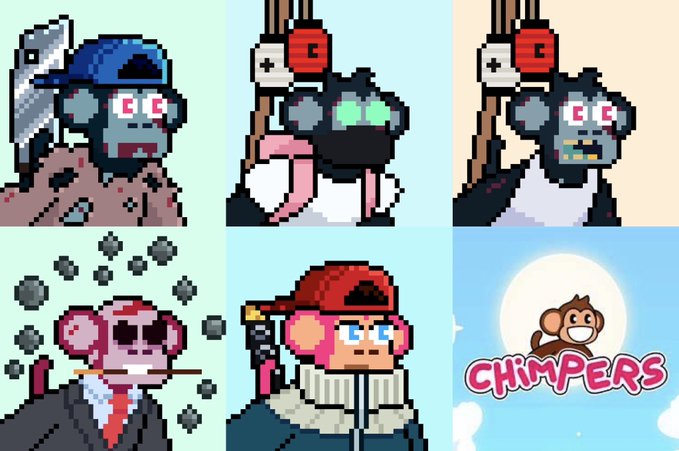 A grid of six pixel art images featuring various monkey characters, including one with a chainsaw and another smoking, with the bottom right panel reading "CHIMPERS".