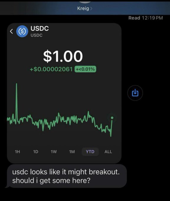 A mobile screenshot showing a USDC price chart at $1.00 with a text message asking, 'usdc looks like it might breakout. should i get some here?'