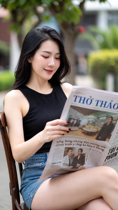 A young woman with long dark hair wearing a black sleeveless top and denim shorts, sitting outdoors while reading a newspaper with Vietnamese text including 'THỜ THÁO'.