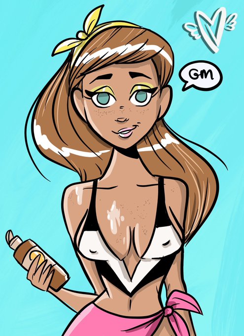 Cartoon-style illustration of a tanned girl with brown hair and a yellow bow wearing a black and white bikini top, holding a sunscreen bottle, with a 'GM' speech bubble on a teal background.