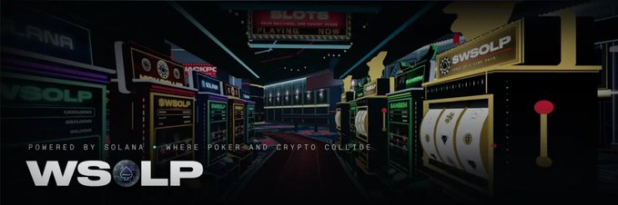 A stylized neon-lit casino interior scene promoting 'WSOLP' powered by Solana, with the tagline 'WHERE POKER + CRYPTO COLLIDE', showing slot machines and gaming signage.