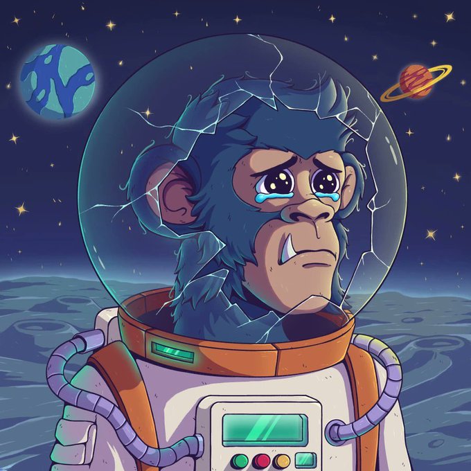 A digital illustration of a sad cartoon chimpanzee wearing an astronaut suit, with a cracked glass helmet, set against a starry space background featuring Earth and Saturn.