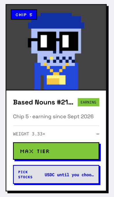A digital trading card for a pixelated character named 'Chip 5' wearing a blue cap, sunglasses, and gold chain, labeled 'Based Nouns #21...' with an 'EARNING' tag, 'MAX TIER' status, and a 3.33x weight.
