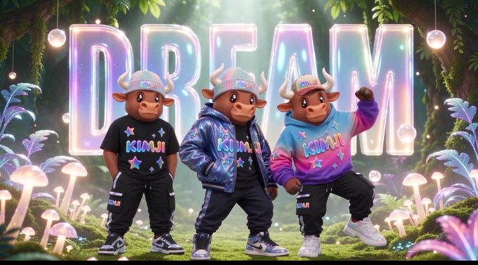 Three animated bull characters wearing branded "KOMJI" apparel and "Bullpen NFT" caps pose in front of a glowing "DREAM" sign in a magical forest setting, capturing the fun, nostalgic, and community-driven vibe of the Bullpen NFT project.