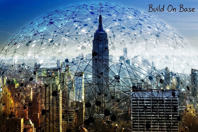 A digital composite showing the New York City skyline overlaid with a network of interconnected nodes and lines forming a dome shape, with the text 'Build On Base' in the upper right.